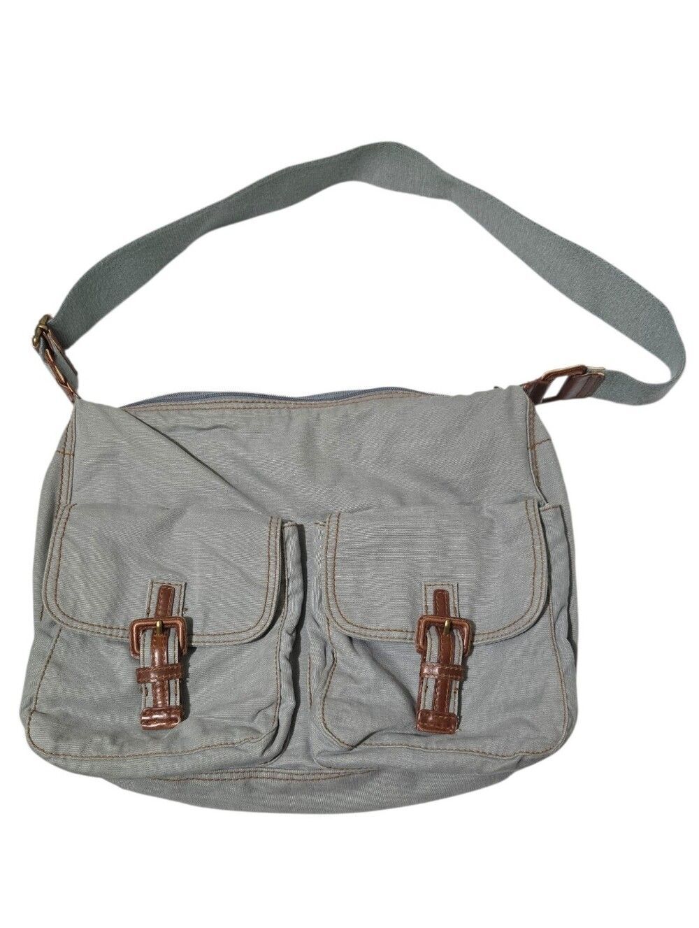 Fossil Gray Canvas Messenger Bag Leather Buckle Flaps Style 76082
